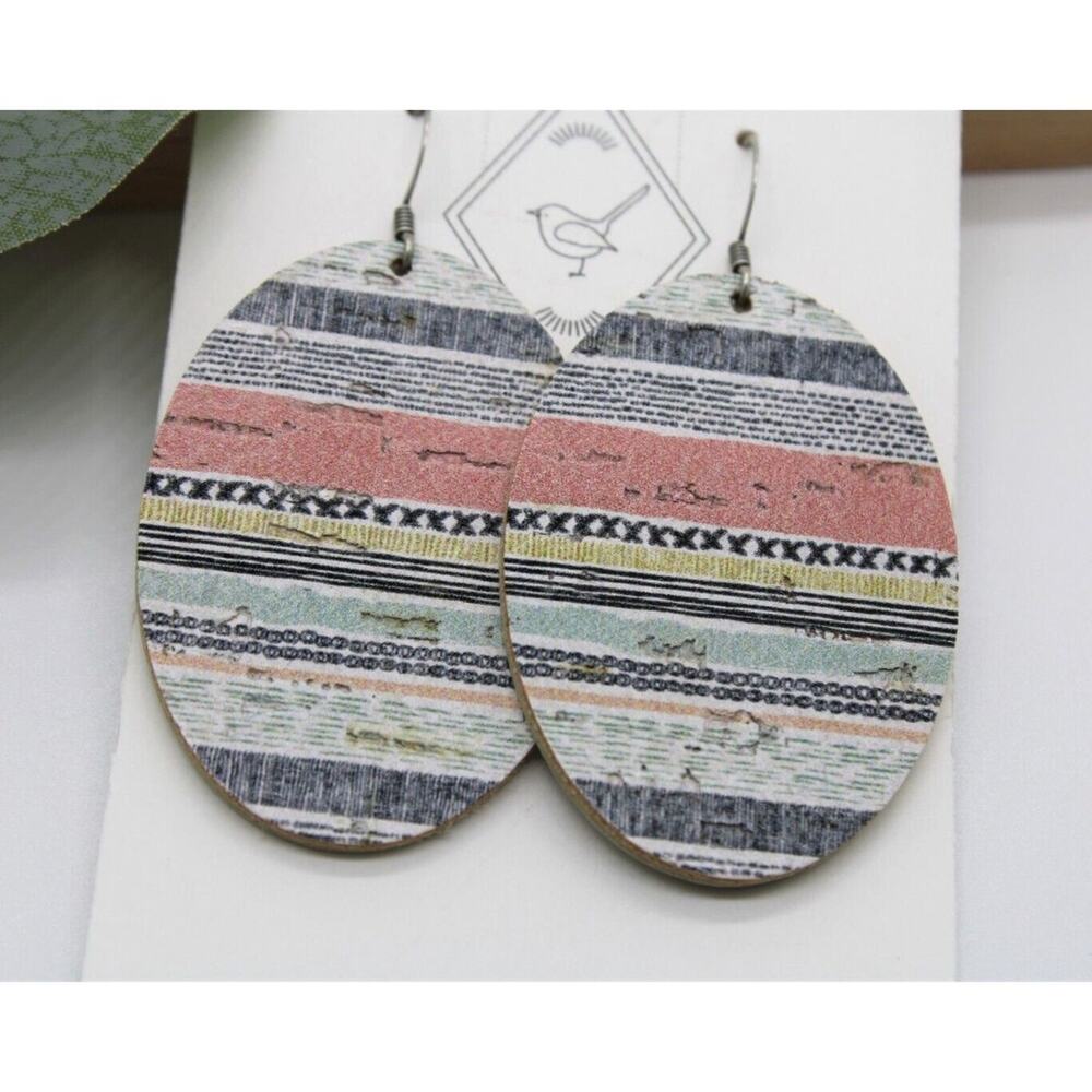 5/$25 Cork on Leather Oval Earrings Pastel Multi-Colored Stripes - Picture 3 of 3